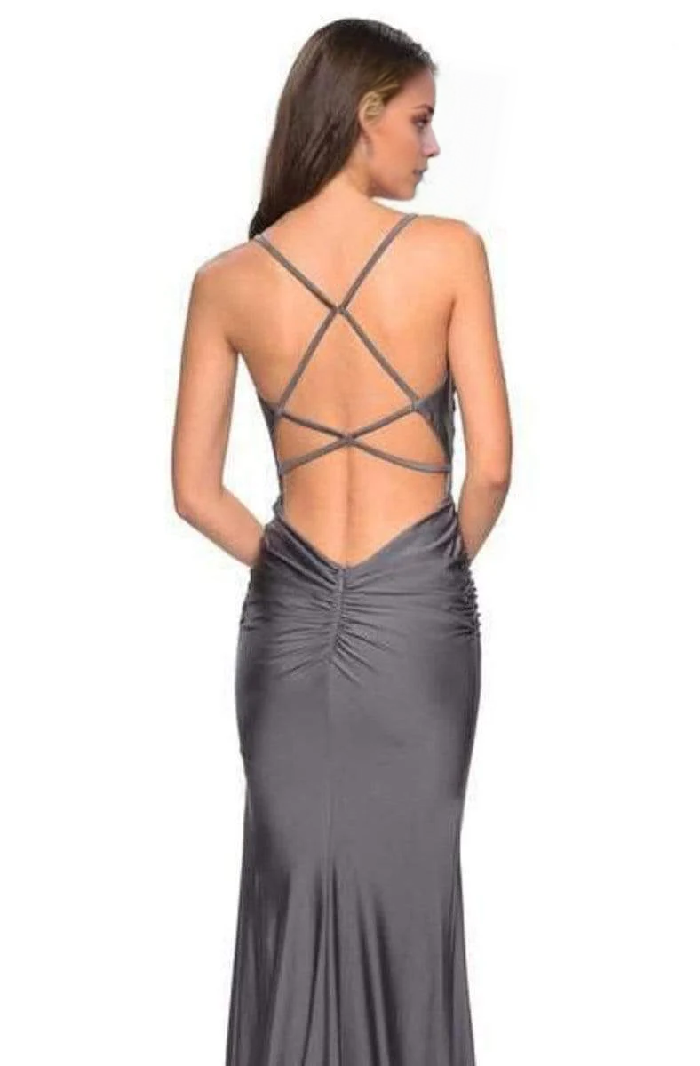 Vestido de fiesta con escote en V, plisado, sin mangas, con tirantes finos, sin espalda y largo hasta el suelo