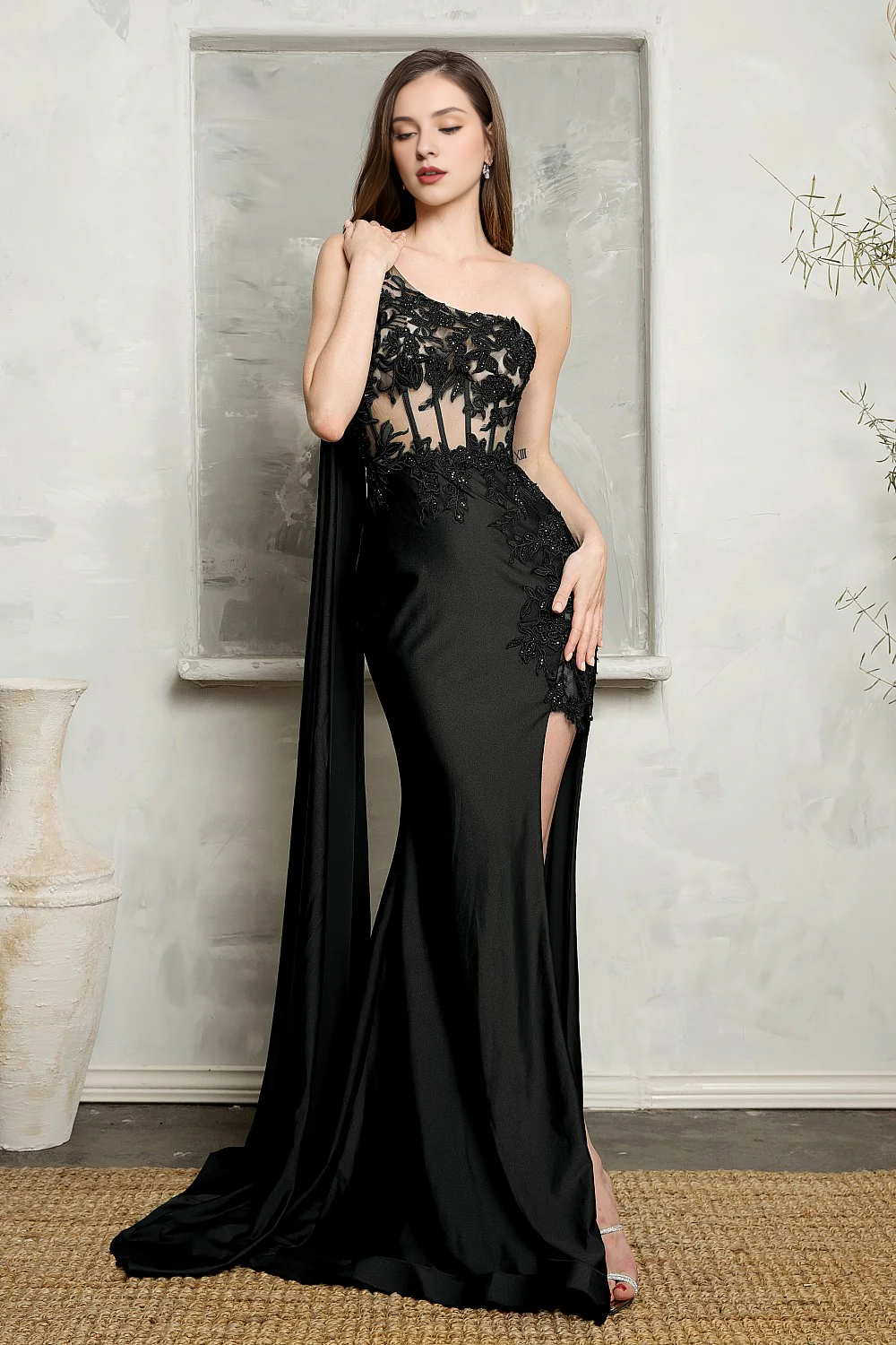 Black Satin One Shoulder Mermaid Floor-Length Gown with Cape, Lace Appliques & High Slit