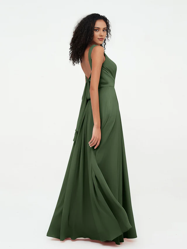Chiffon Spaghetti-Strap Deep V-Neck Pocketed A-Line Floor-Length Bridesmaid Dresses