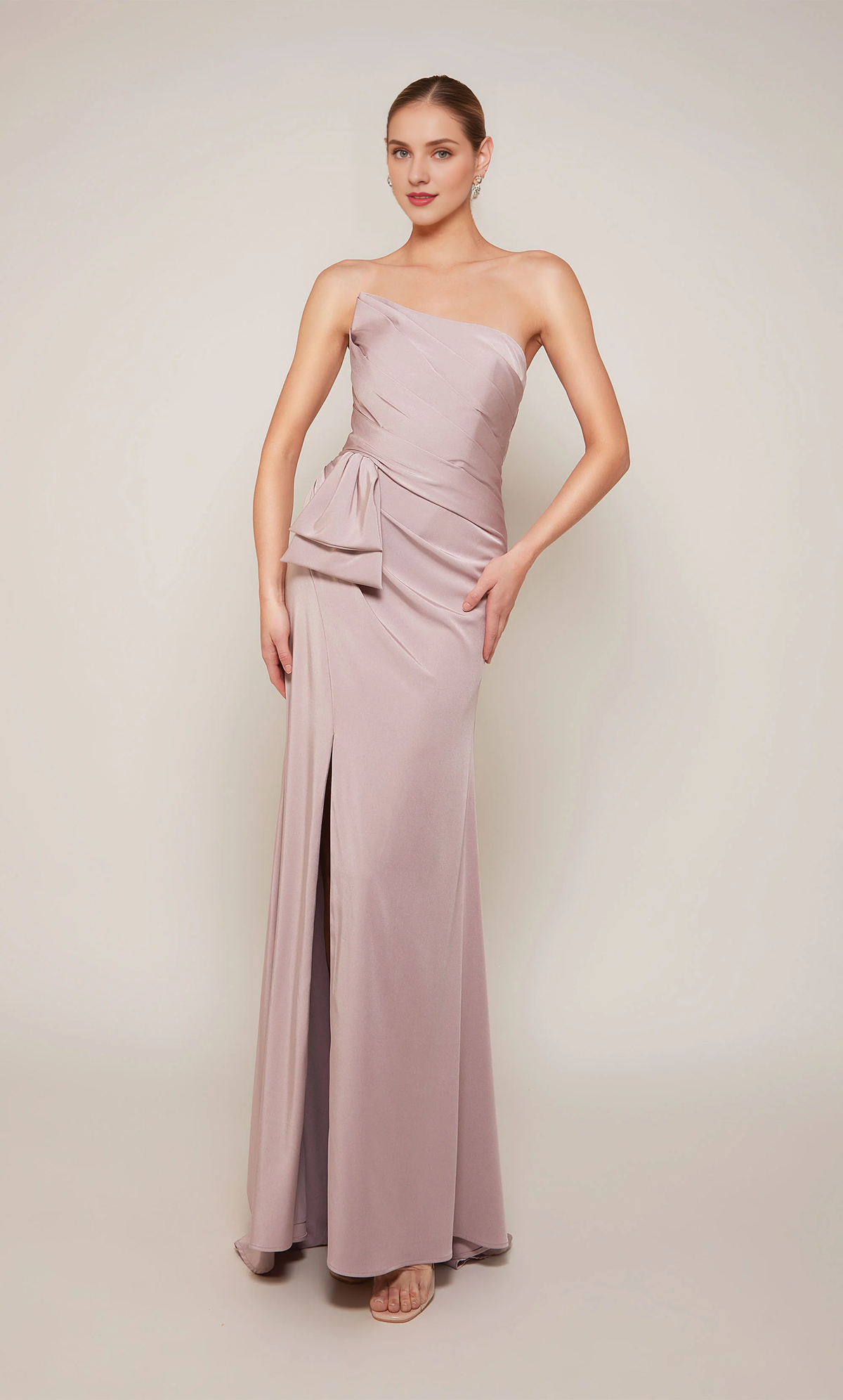 Dusty Blue Satin A-Line Floor-Length Straight Neck Dress with Draped Bodice & High Slit