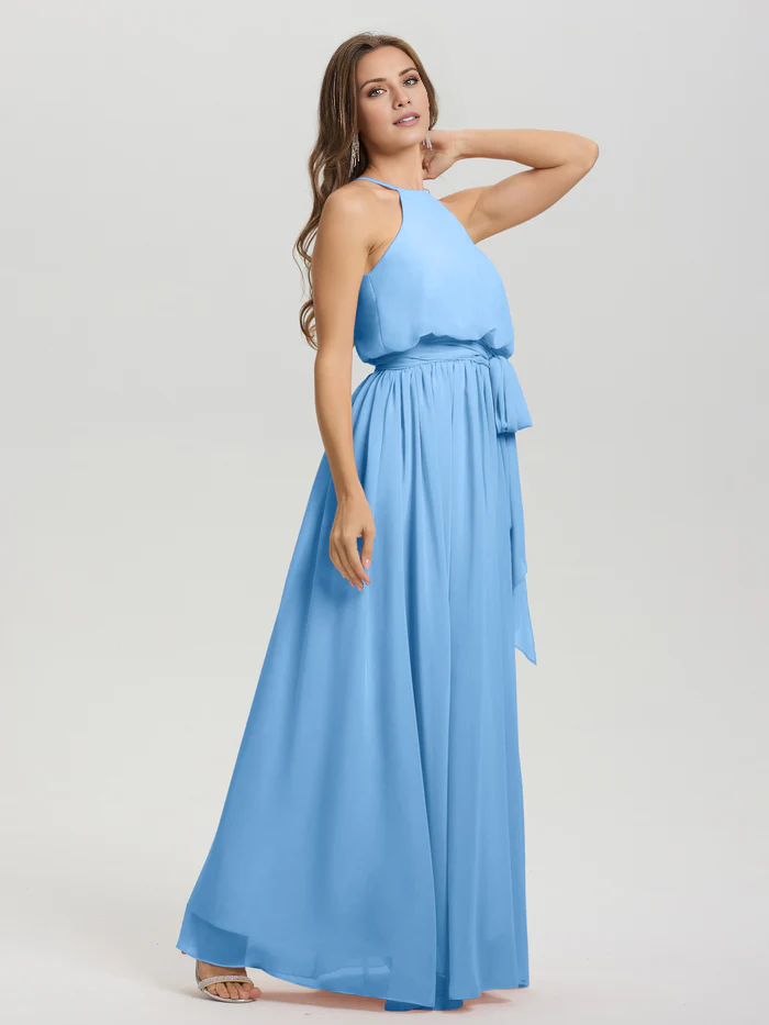 Vestidos de dama de honor de gasa sin mangas, con cuello redondo bajo y largo hasta el suelo