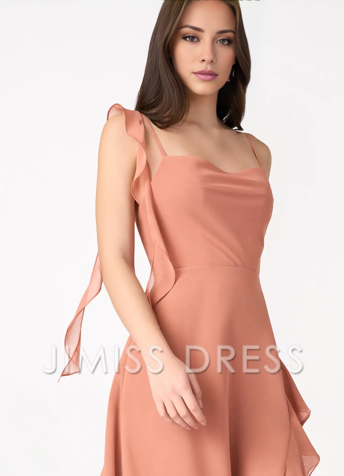 Vestido de fiesta Jimiss de gasa con hombros estrechos, borde con volantes asimétricos, abertura lateral y largo hasta el suelo 