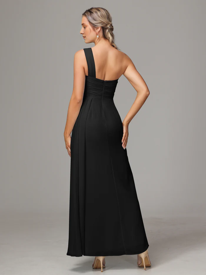 Abito da damigella in chiffon lungo fino al pavimento, con una spalla