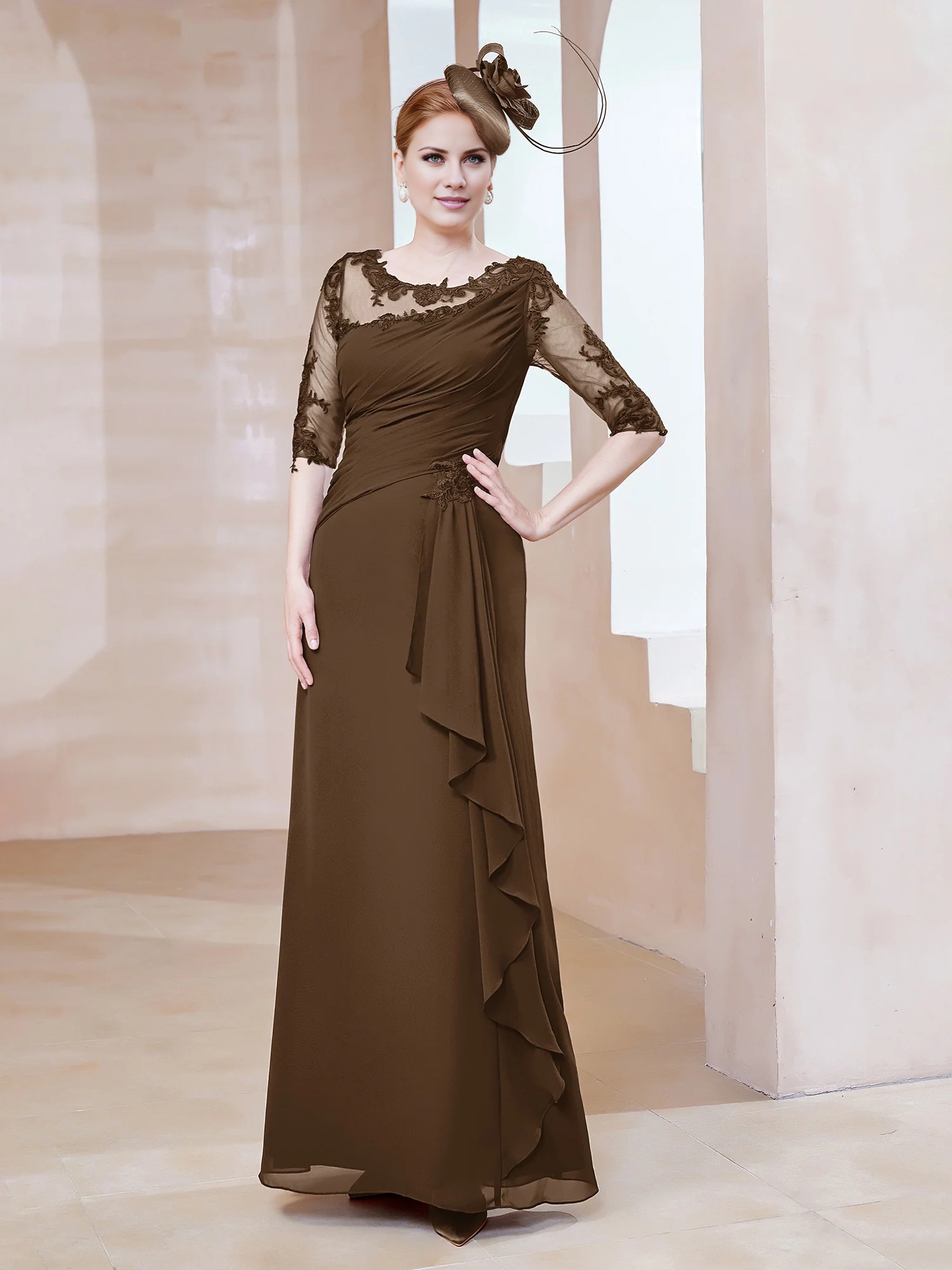 Vestido de madre de la novia ajustado, con escote redondo bajo de encaje y bordes con volantes.