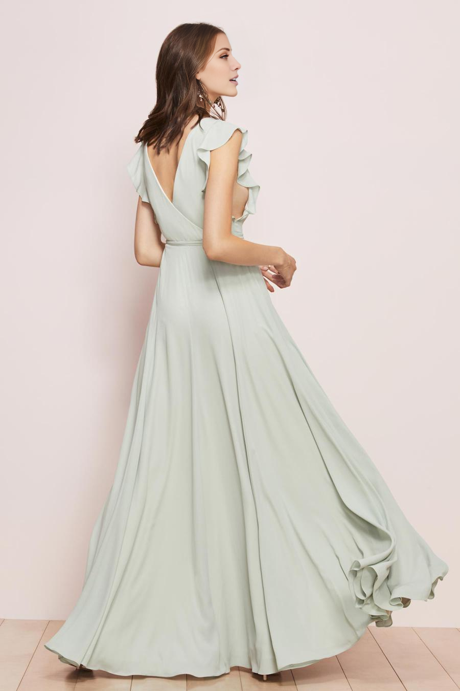 Dusty Sage A-Line Chiffon Bridesmaid Dress - Flutter Sleeves & High Slit