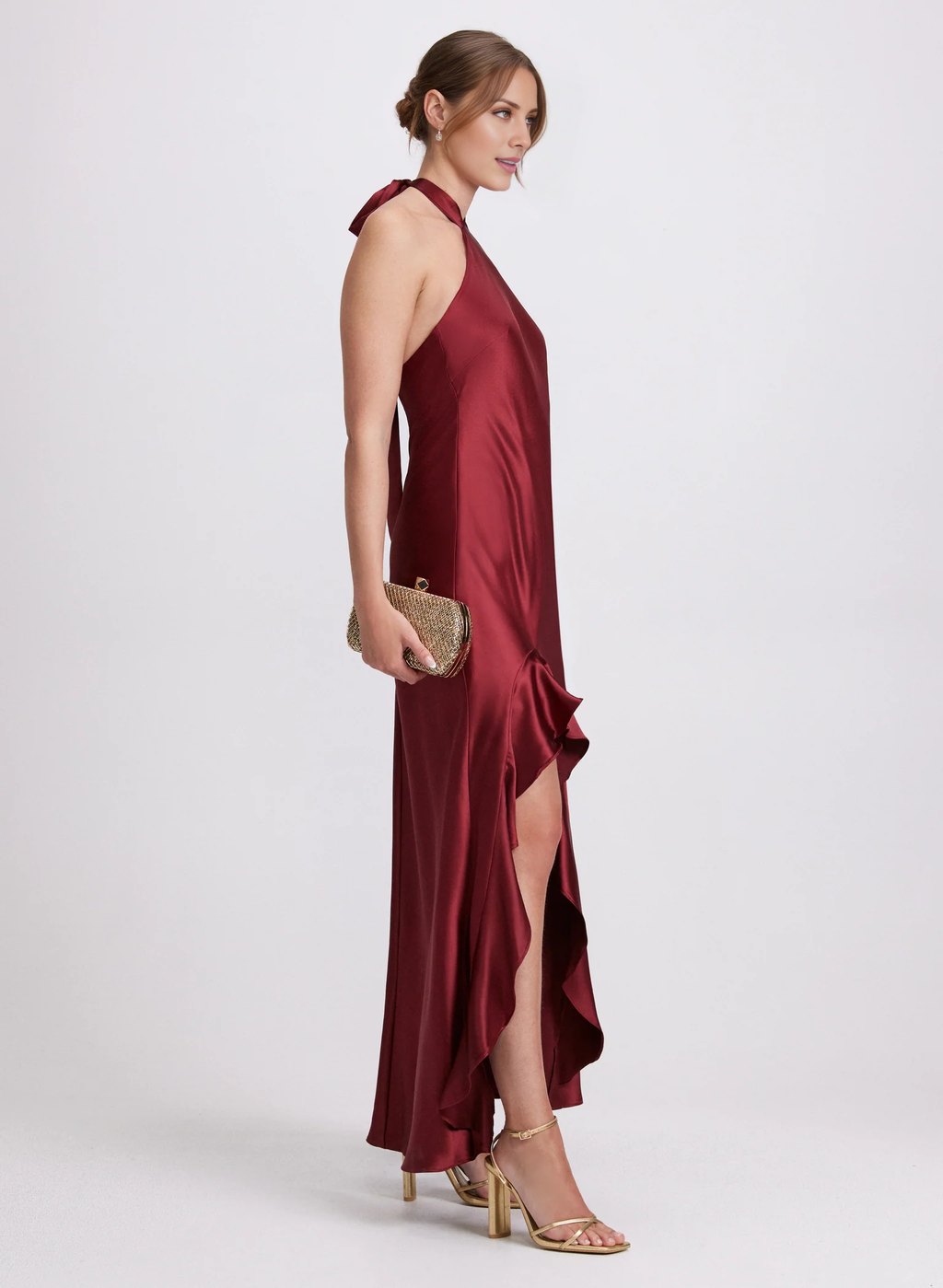 Vestido de fiesta largo de satén Jimiss con escote colgante, sin mangas, con volantes y abertura en el borde