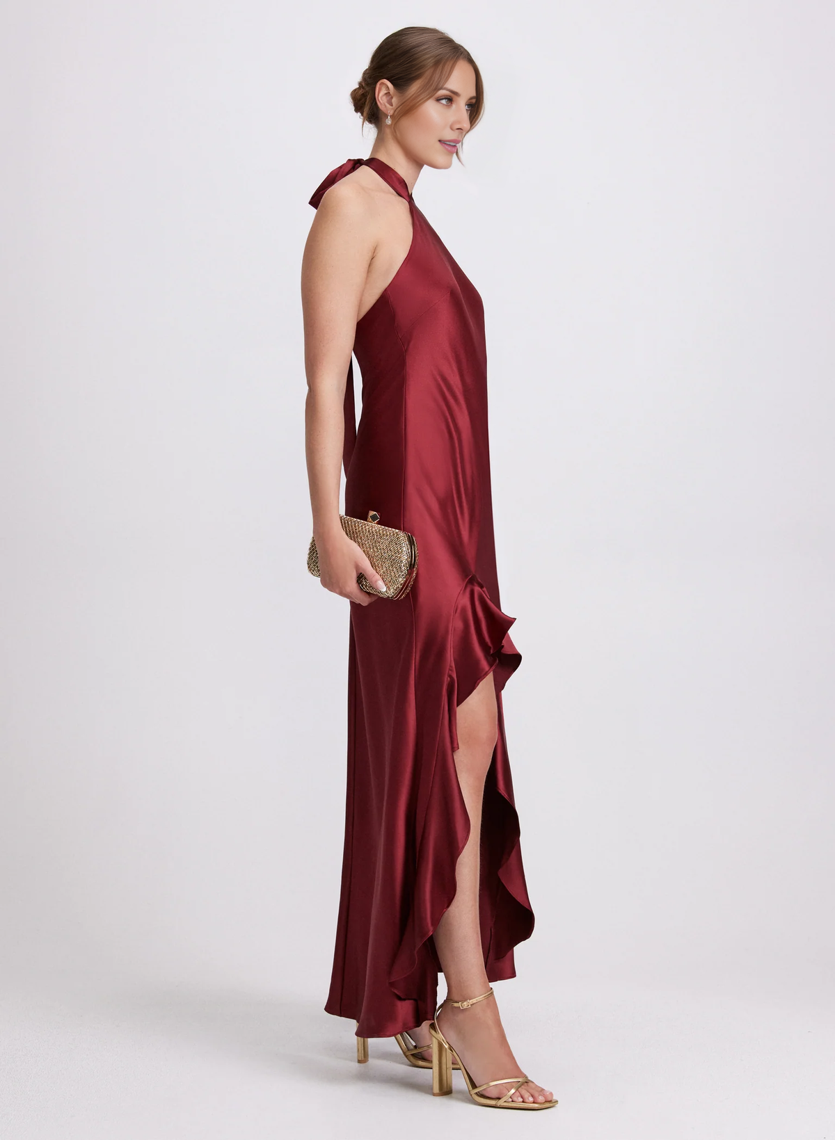 Vestido de fiesta largo de satén Jimiss con escote colgante, sin mangas, con volantes y abertura en el borde