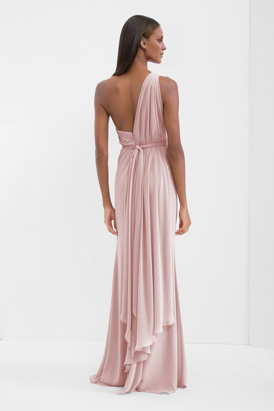 Blushing Pink Chiffon A-Line One Shoulder Floor-Length Dress with Draped Bodice and High Slit