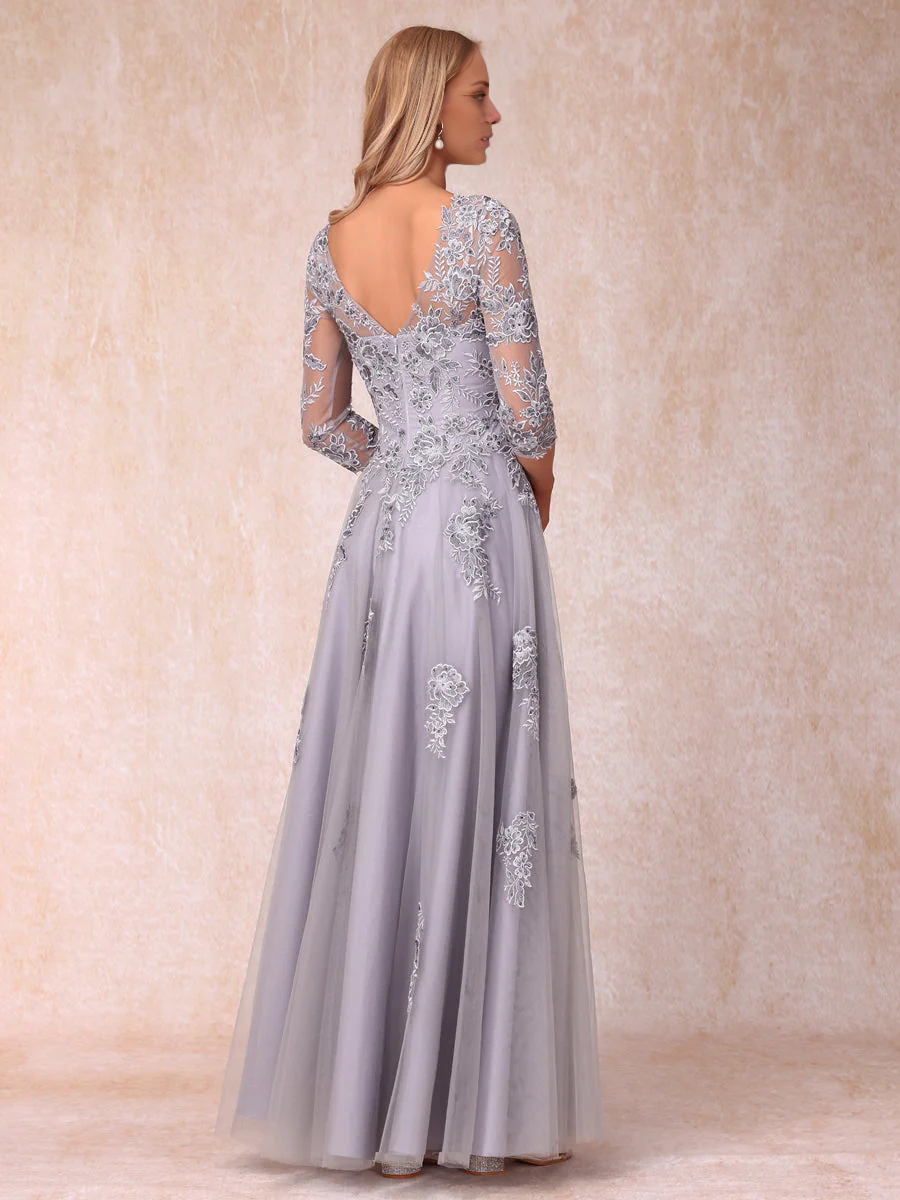 Silver Lace A-Line Floor-Length Evening Dress with Boat Neck & Back Zip