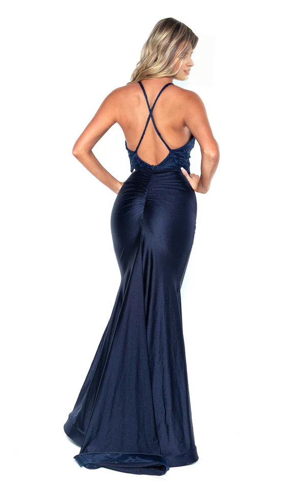 Abito da ballo lungo fino al pavimento, con scollo a V, spalline sottili, pizzo e decorazione a sirena