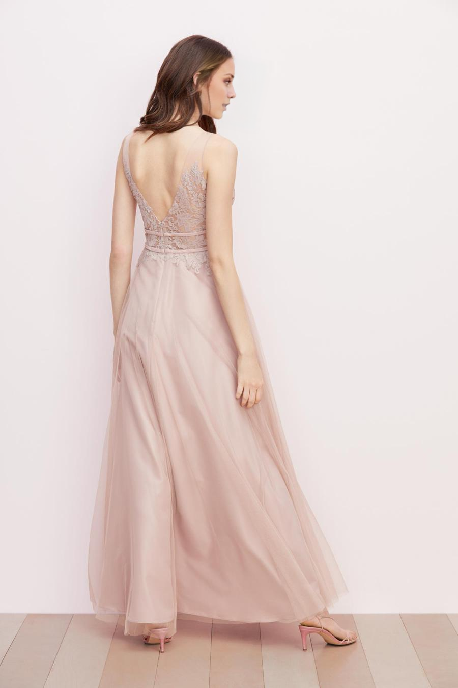 Blushing Pink Tulle A-Line Floor-Length Bridesmaid Dress with V-Neck Lace Bodice
