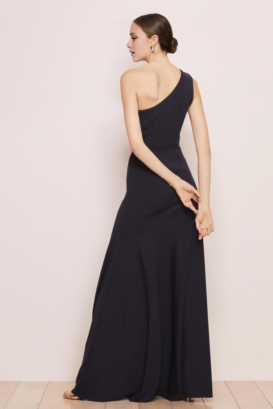 Dark Navy Crepe One Shoulder A-Line Floor-Length Bridesmaid Dress