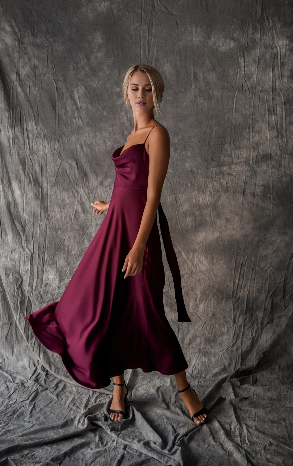 Burgundy Satin Cowl Neck Midi Sheath/column Dress