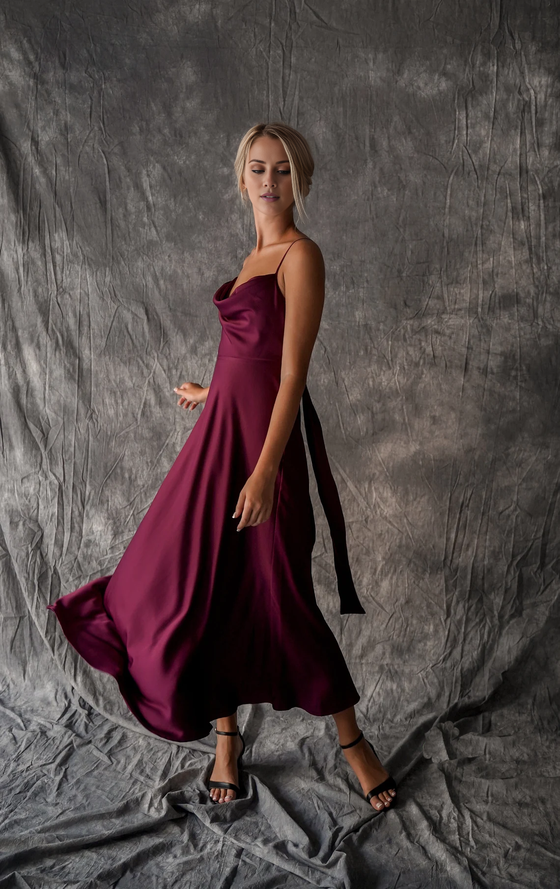 Burgundy Satin Cowl Neck Midi Sheath/column Dress