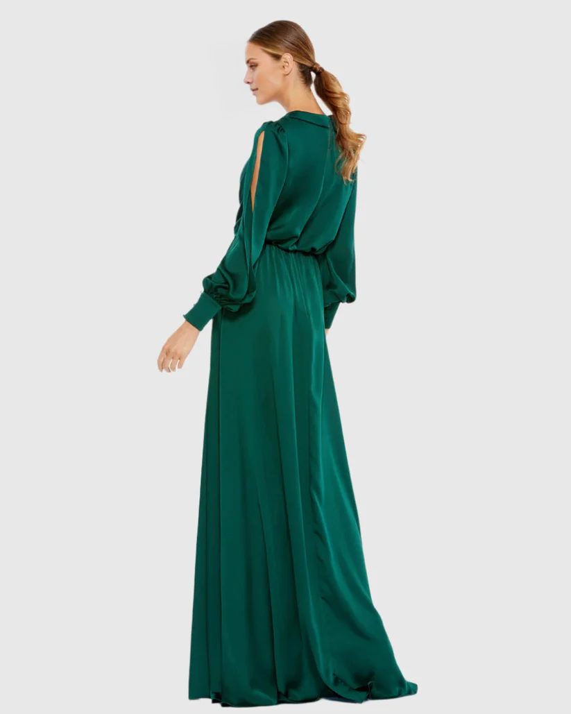 Vestido de noche largo hasta el suelo con escote en V, abertura lateral y satén