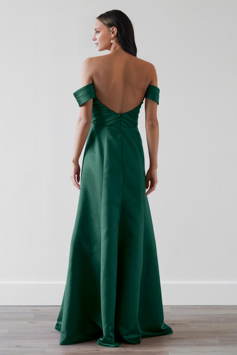 Vestido de noche Jimiss con hombros descubiertos, plisado, sin espalda y largo hasta el suelo
