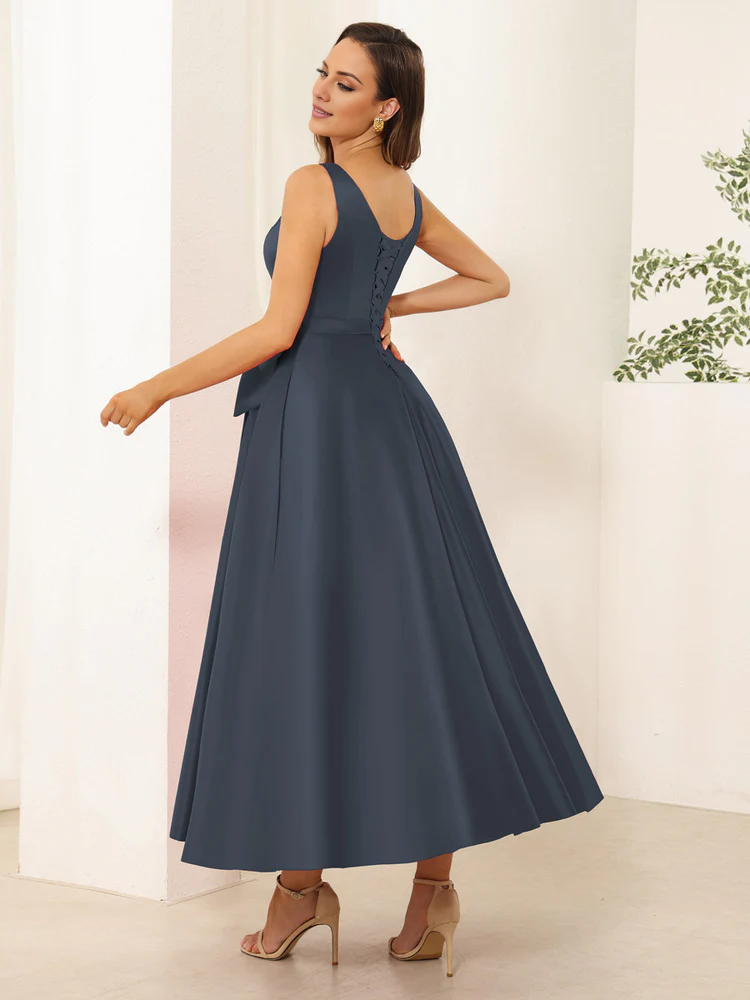 Dark Navy Satin A-Line Tea-Length Bridesmaid Dress with V-Neck and Waist Bow
