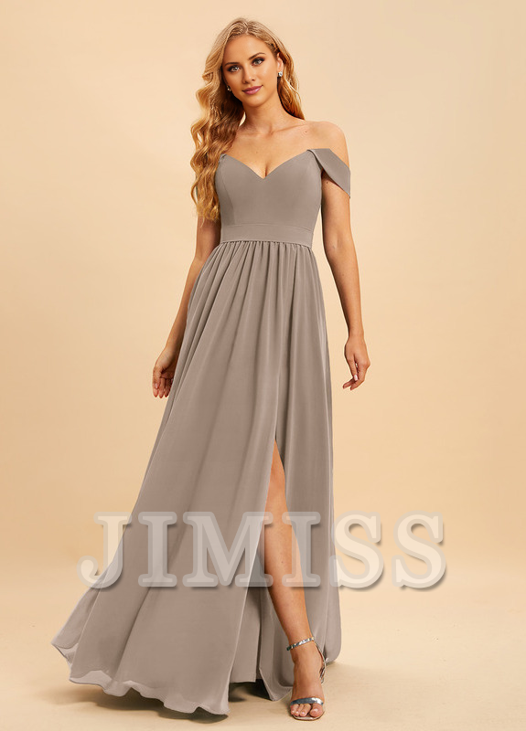 Abito da damigella d'onore in chiffon lungo fino a terra, con spalle scoperte e linea ad A
