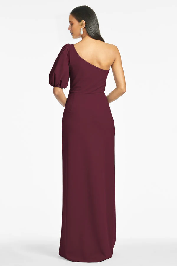Jimiss asymmetrical collar off shoulder short sleeved off back side slit and floor length evening dress