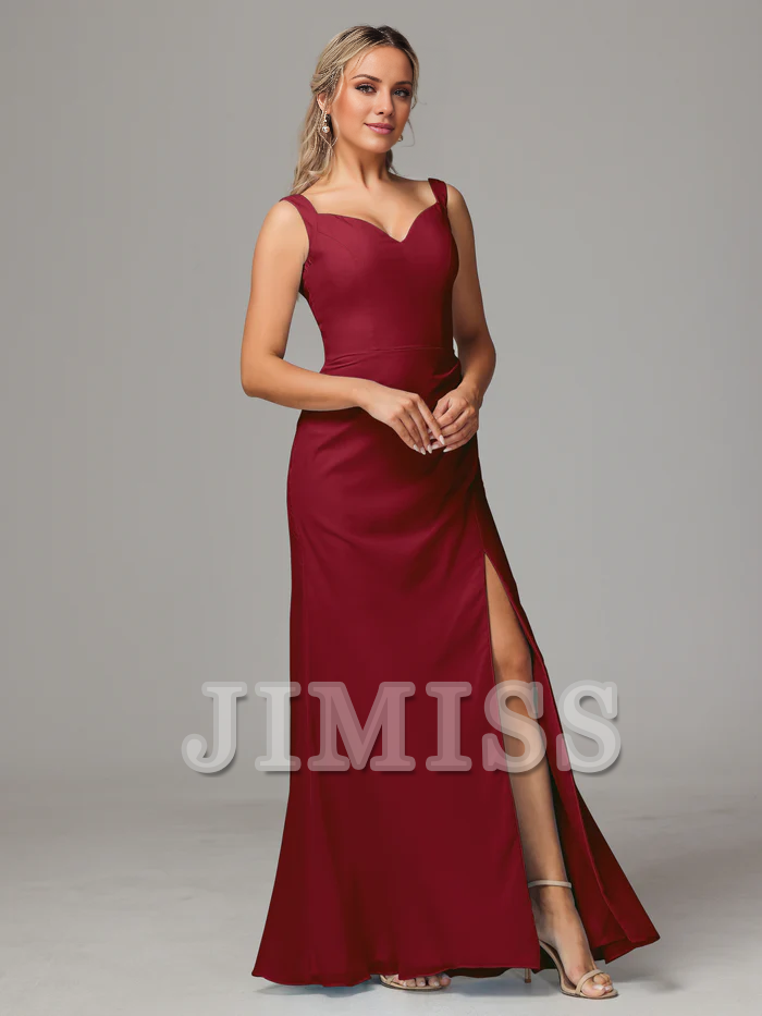 Vestido de dama de honor de gasa con escote en V, abertura, sin mangas y hombros descubiertos