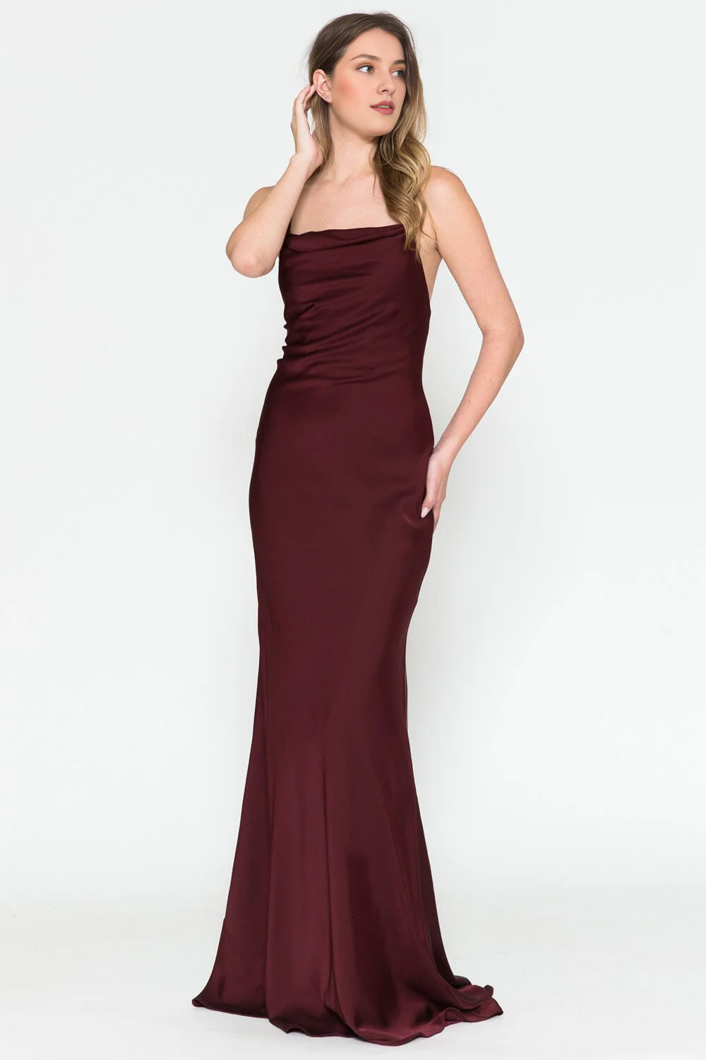 Long sleeveless high neck satin dress