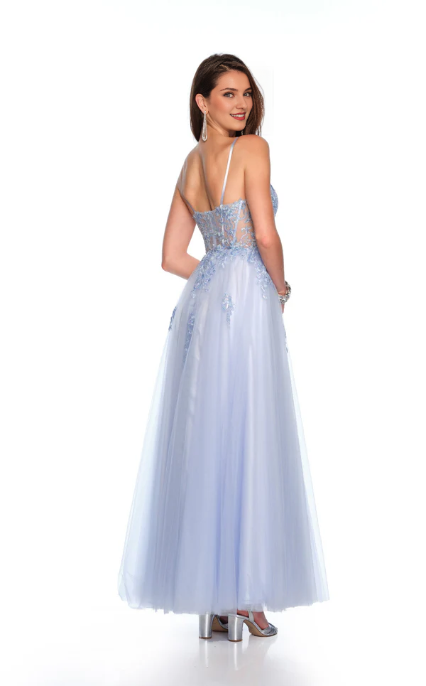 Thin shoulder strap V-neck lace applique sleeveless side slit and floor length Prom dress