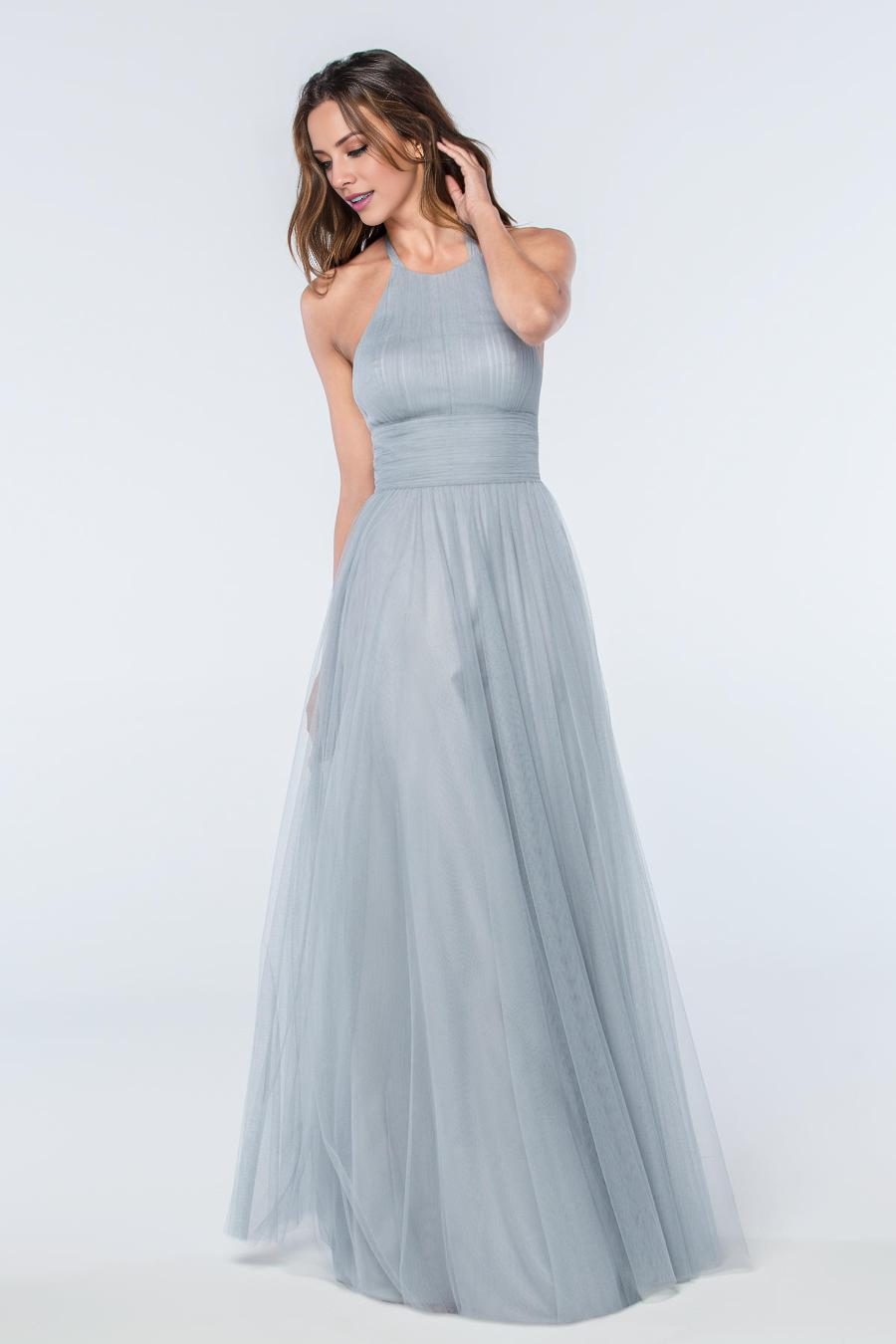 Dusty Blue Tulle A-Line Halter Floor-Length Bridesmaid Dress