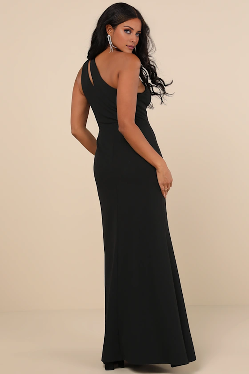 Black Crepe One Shoulder Sheath/column Floor-Length Dress with High Slit