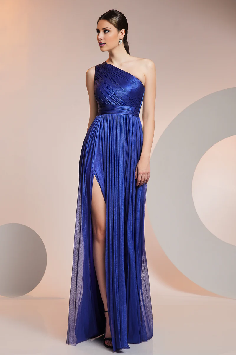 One shoulder chiffon slit and floor length evening gown