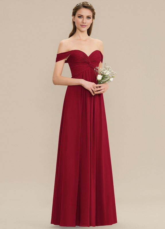 Ruffled A-line Off-the-shoulder Floor-length Chiffon Bridesmaids Dress