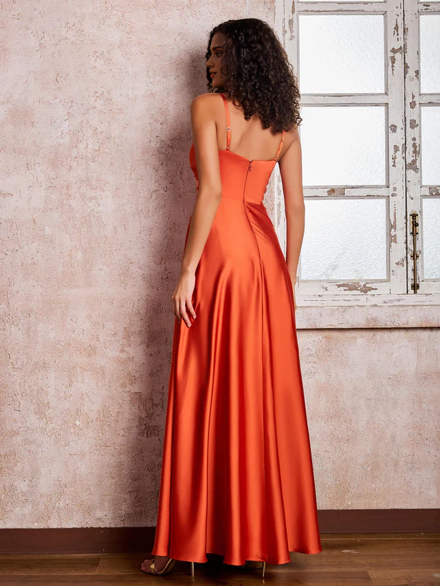Orange Satin A-Line Floor-Length Bridesmaid Dress with Wrap Bodice, High Slit & V-Neck