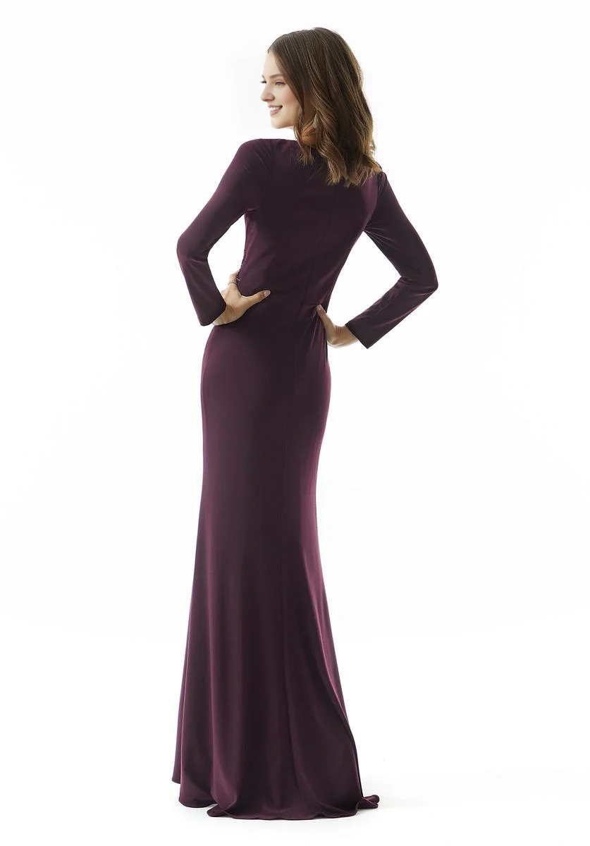 Burgundy Stretch Knit Sheath/column V-Neck Floor-Length Dress