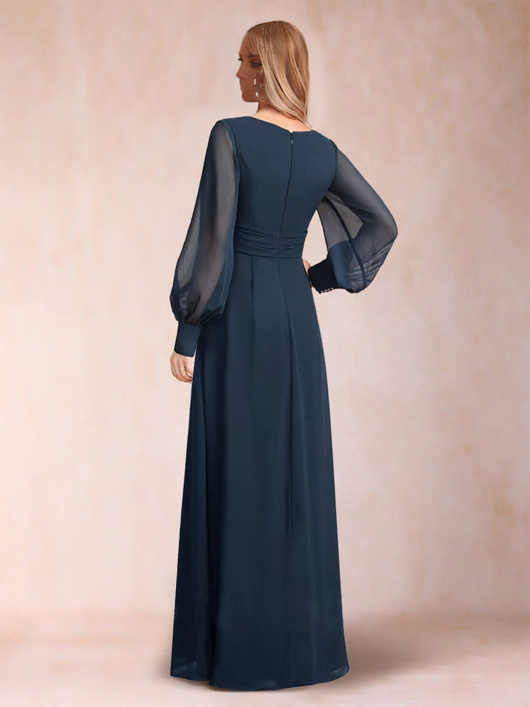 Dark Navy Chiffon A-Line Floor-Length Bridesmaid Dress with V-Neck, Pleated Bodice & Bishop Sleeves