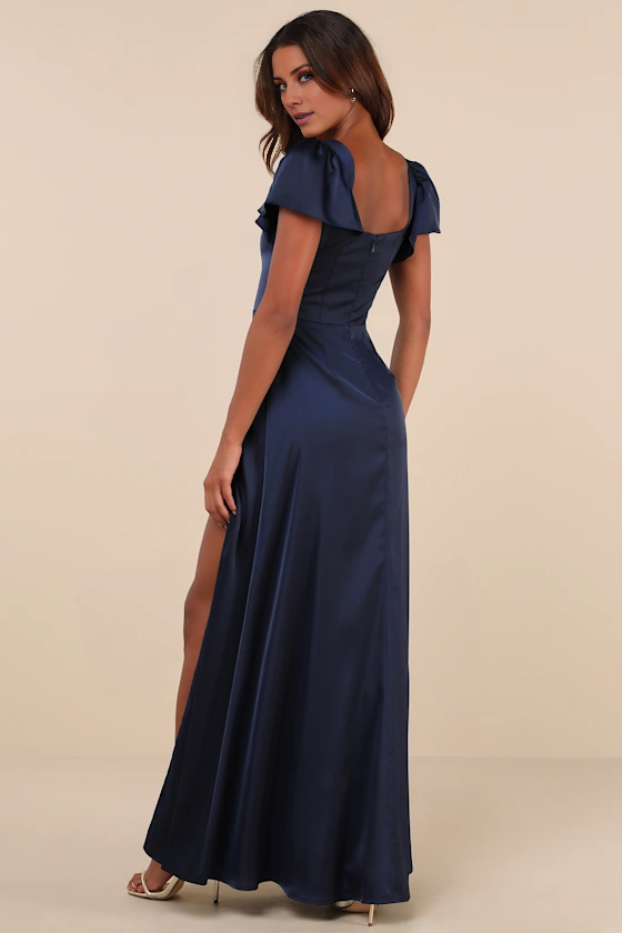 Dark Navy Satin A-Line Floor-Length Bridesmaid Dress | Square Neck Flutter Sleeves