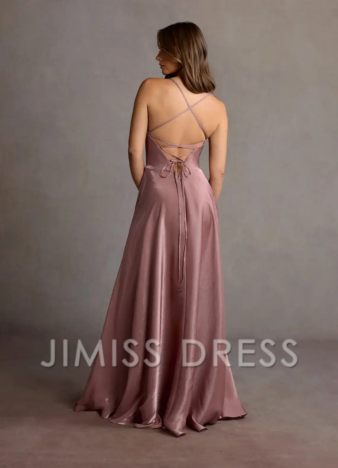 Vestido de fiesta Jimiss con tirantes finos, escote en V, espalda descubierta, abertura lateral y largo hasta el suelo 