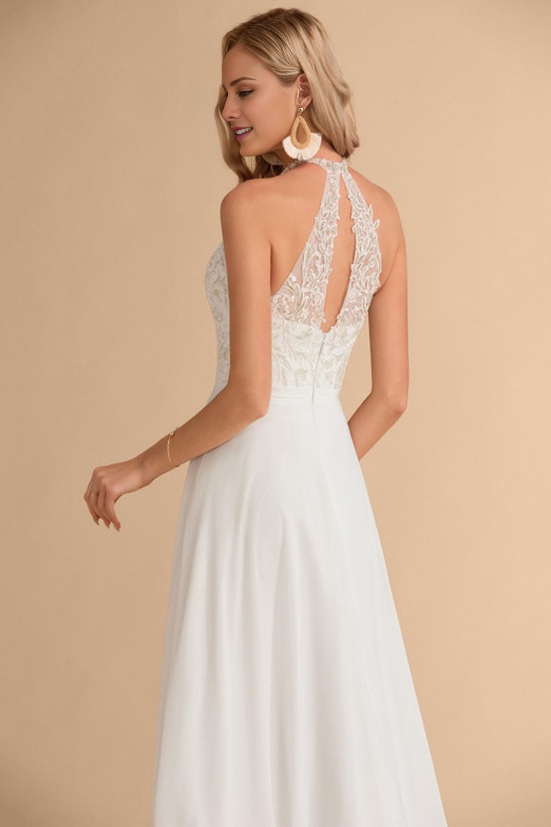 Ivory Chiffon A-Line Floor-Length Dress with Halter Neckline & Lace Bodice