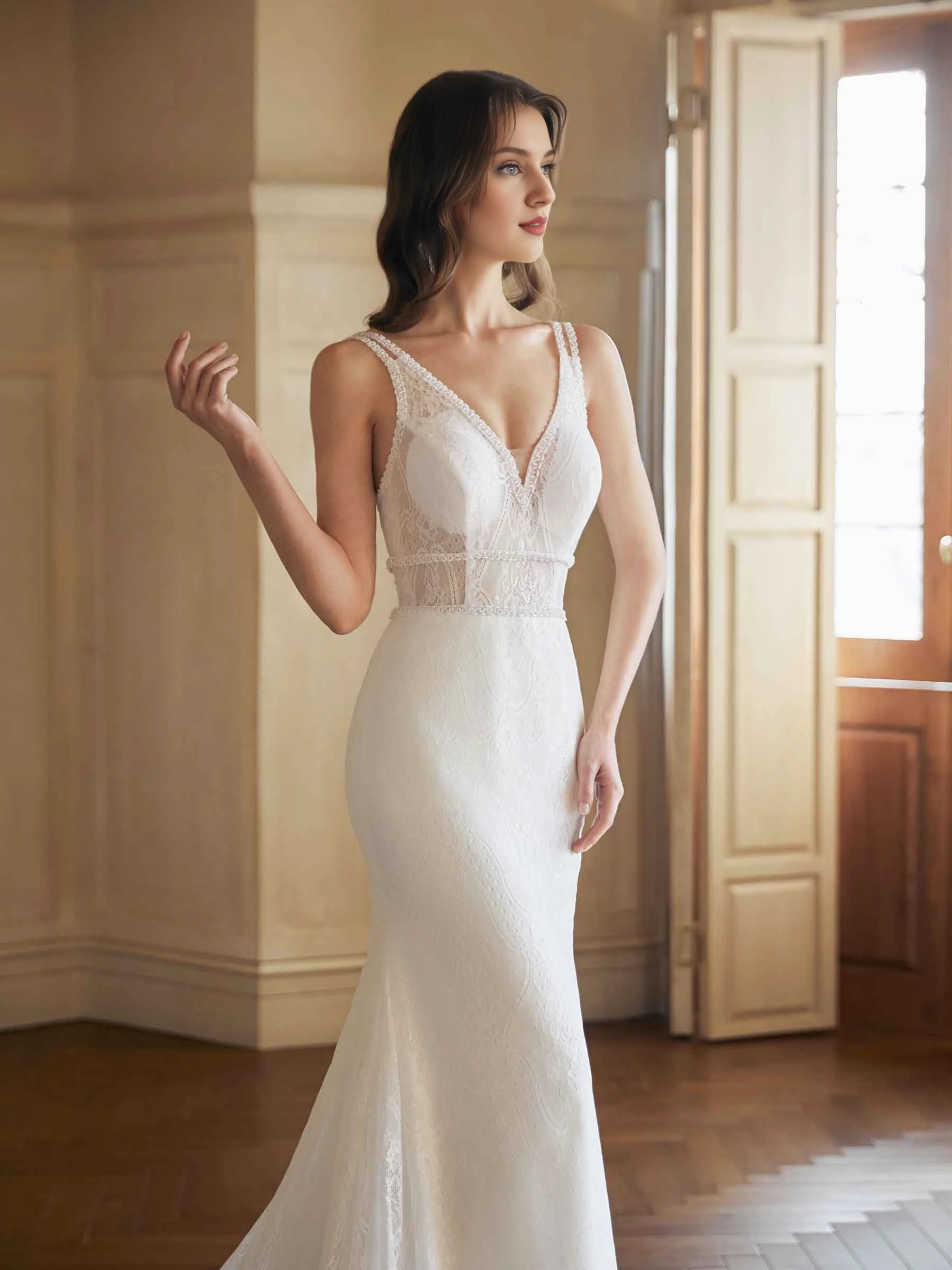 Sexy abito da sposa in pizzo lunghissimo con scollo a V e schiena scoperta a coda di pesce