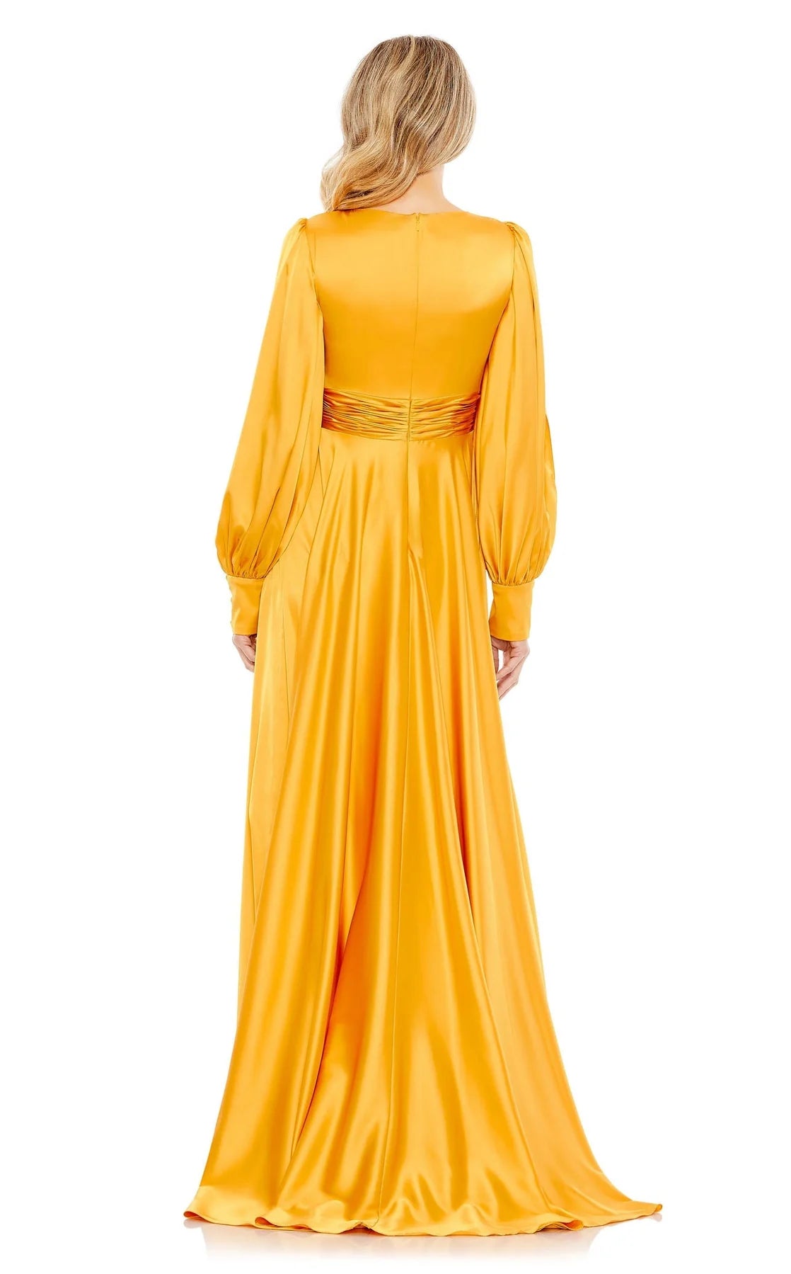 Vestido de fiesta de satén con escote en V, manga larga, cremallera en la espalda y largo hasta el suelo.