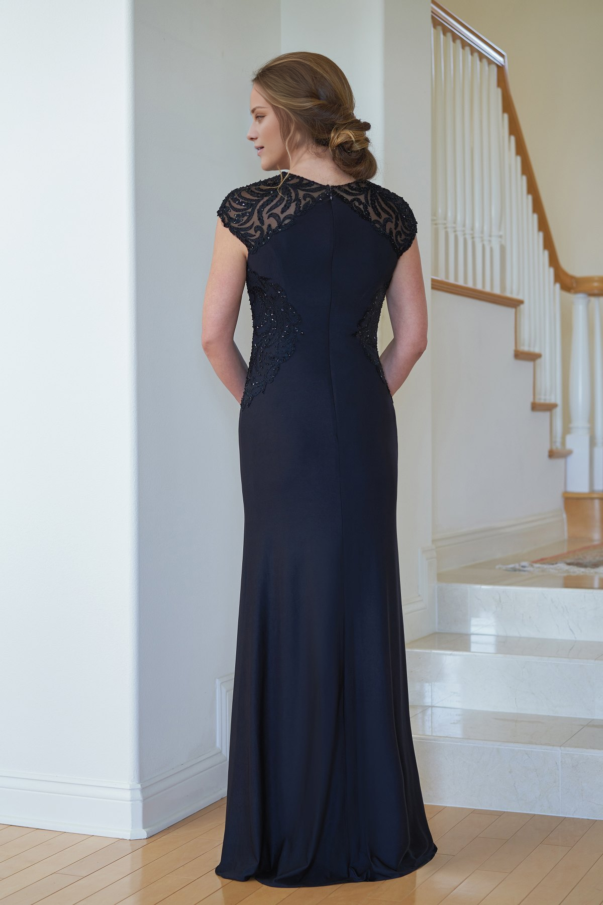 Black Crepe Sheath/column Floor-Length Dress with Beaded Cap Sleeves