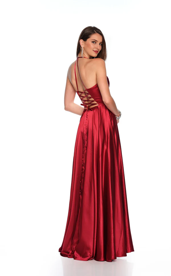 Deep V-neck satin sleeveless side slit and floor length Prom dress