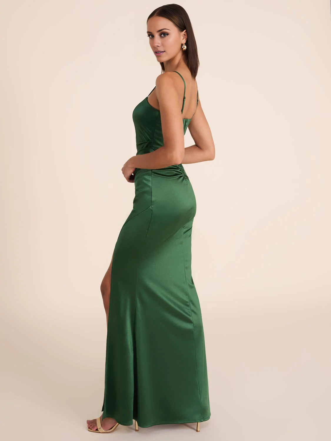 Vestido de noche Jimiss de satén con escote cuadrado, sin mangas, tirantes finos, abertura lateral y largo hasta el suelo