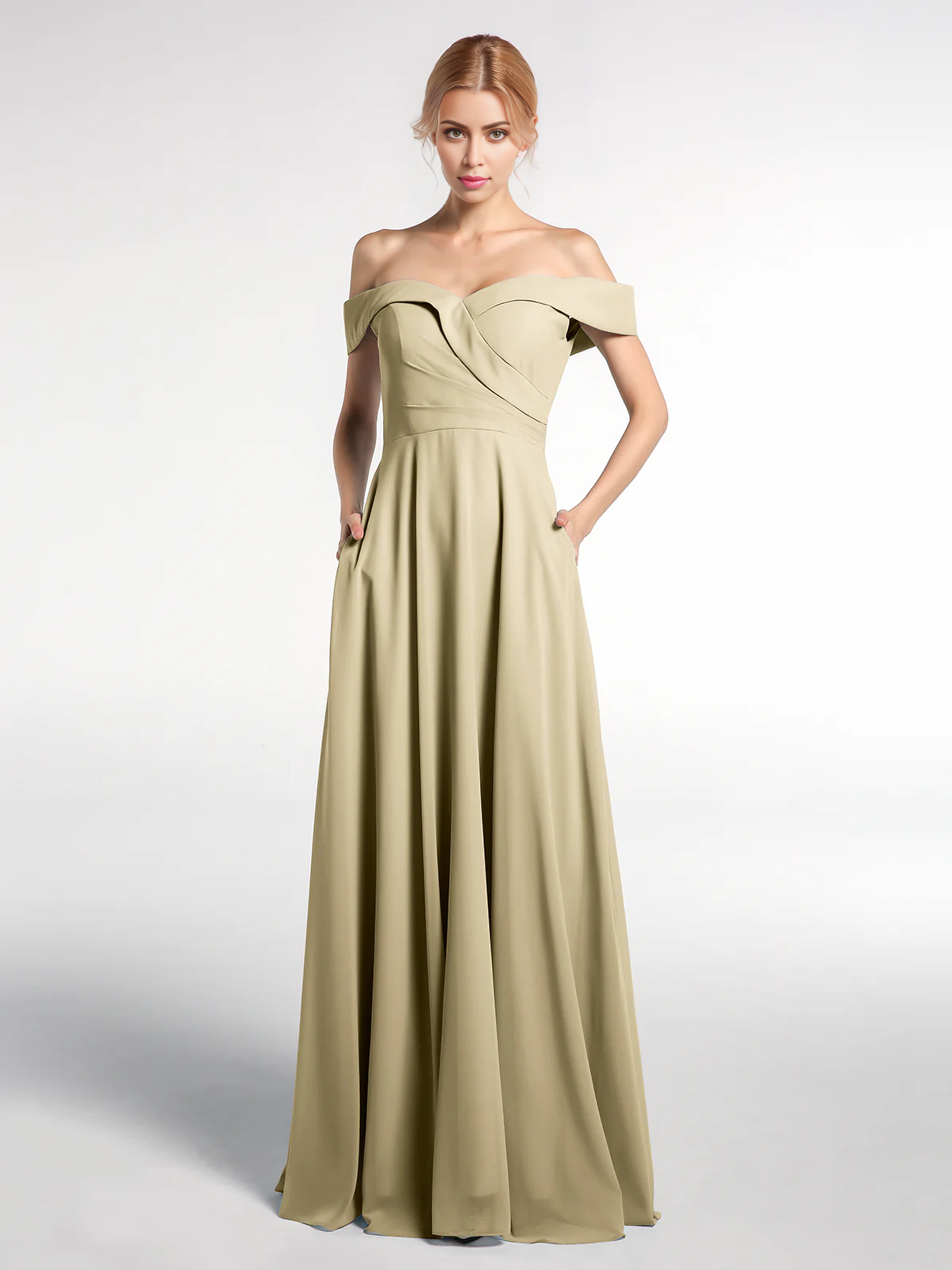 Vestido de falda redonda con bolsillos y hombros descubiertos