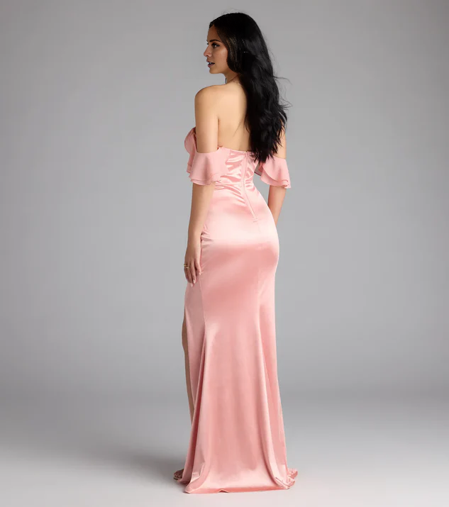 Vestido de fiesta Jimiss de satén con escote en forma de corazón, abertura lateral, espalda descubierta y largo hasta el suelo