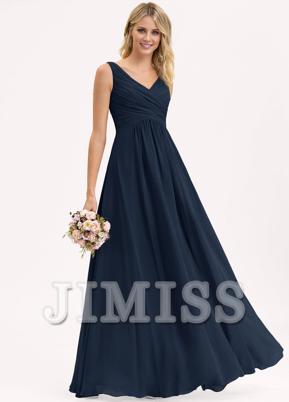 Abito da damigella d'onore in chiffon plissettato, lungo fino al pavimento, con scollo a V e linea ad A