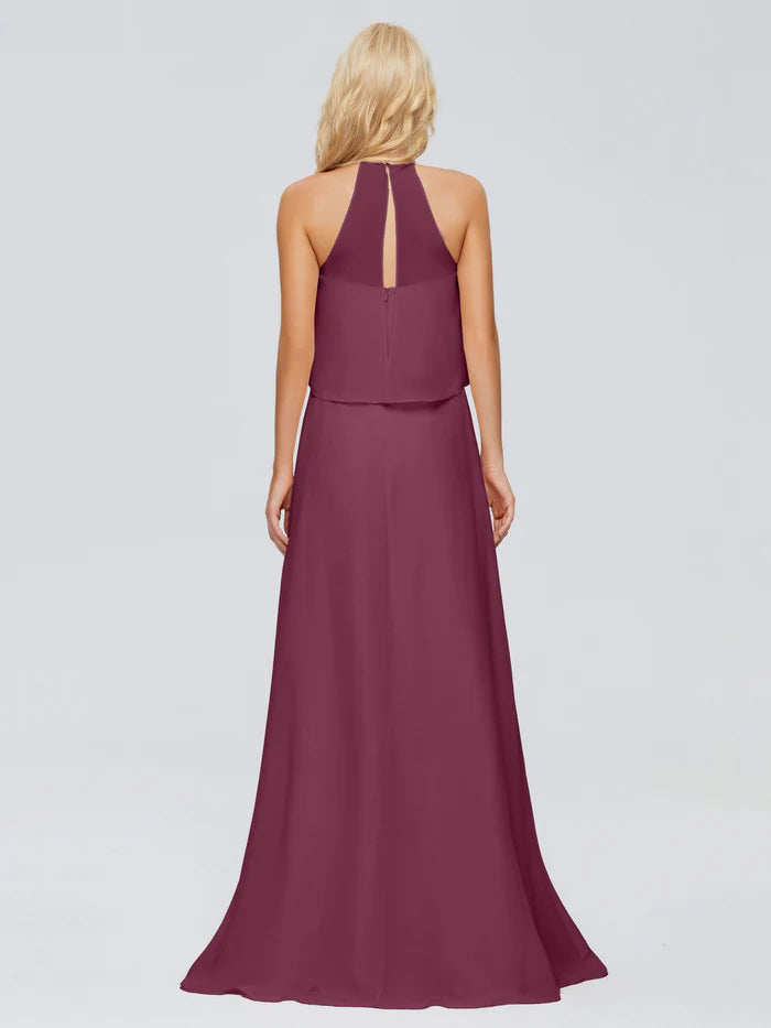 Vestido de dama de honor largo hasta el suelo en gasa con escote halter