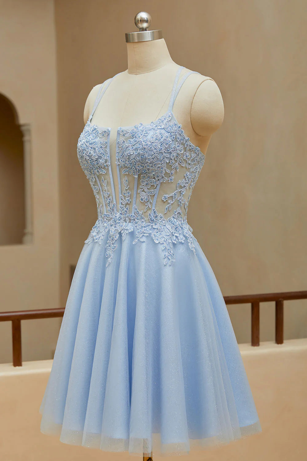 Sky Blue Tulle A-Line Short Dress with Lace Applique V-Neck Bodice and Glitter Skirt