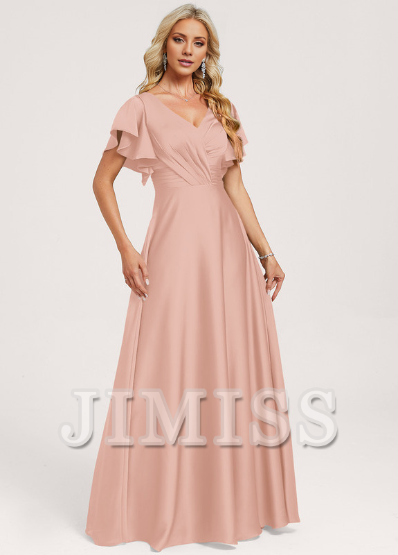 Vestido de dama de honor de satén con volantes, escote en V y largo hasta el suelo