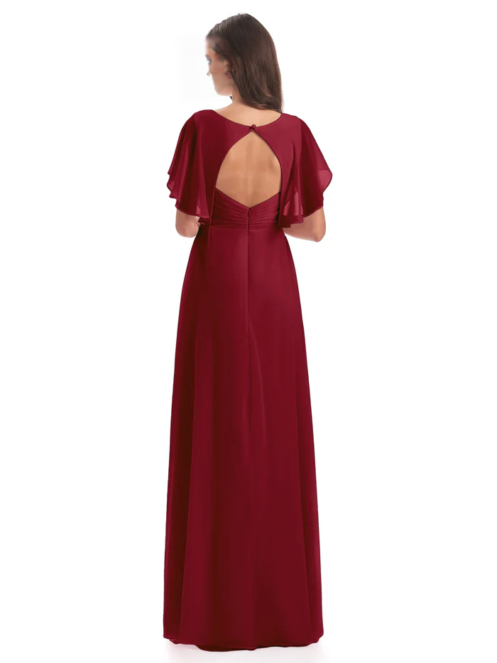 Burgundy Chiffon A-Line V-Neck Floor-Length Bridesmaid Dress with Pleated Bodice and Flutter Sleeves