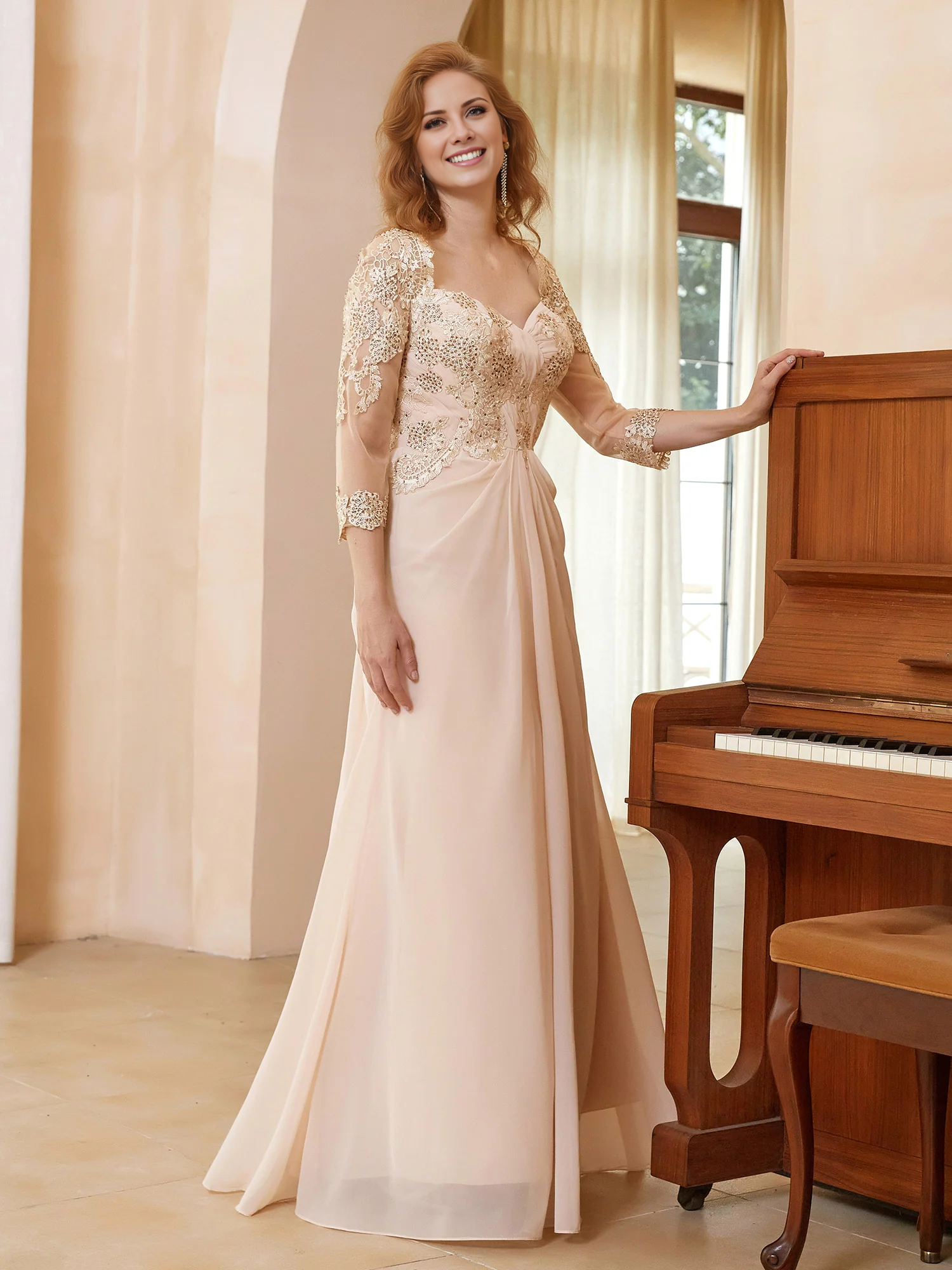 Blushing Pink Chiffon A-Line Floor-Length Gown with Illusion Neck & Beaded Lace Bodice