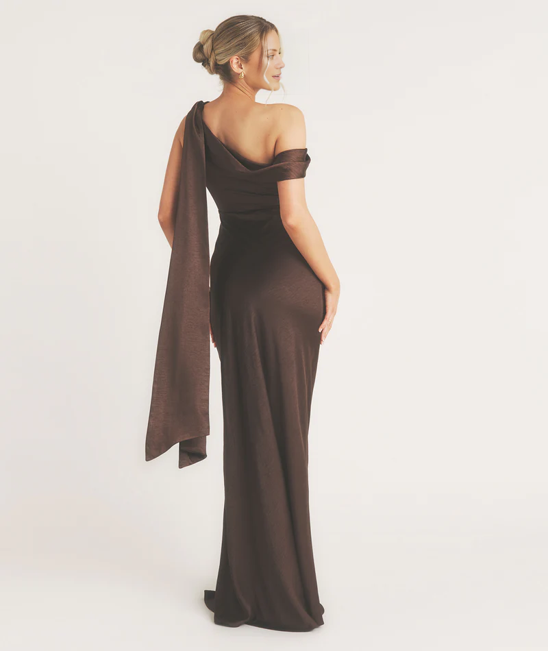 Jimiss one shoulder drop detail satin sleeveless and floor length Prom dress